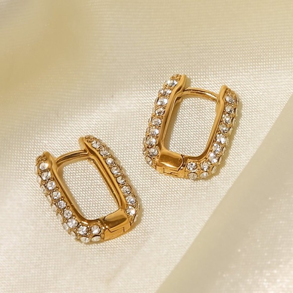 U Shaped Pave Zirconia Hoop Earrings 18K Gold Plated Stainles Steel - Picture 3 of 7